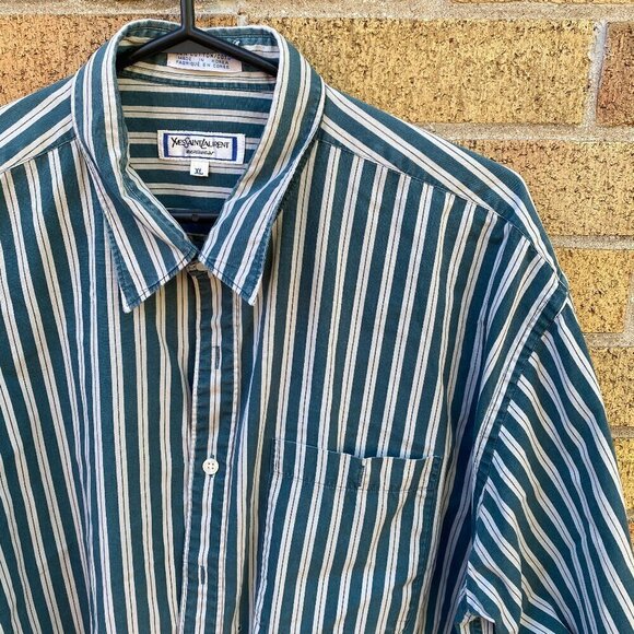 Vintage Yves Saint Laurent Striped Button Up Shirt XL White/Green - Picture 1 of 10